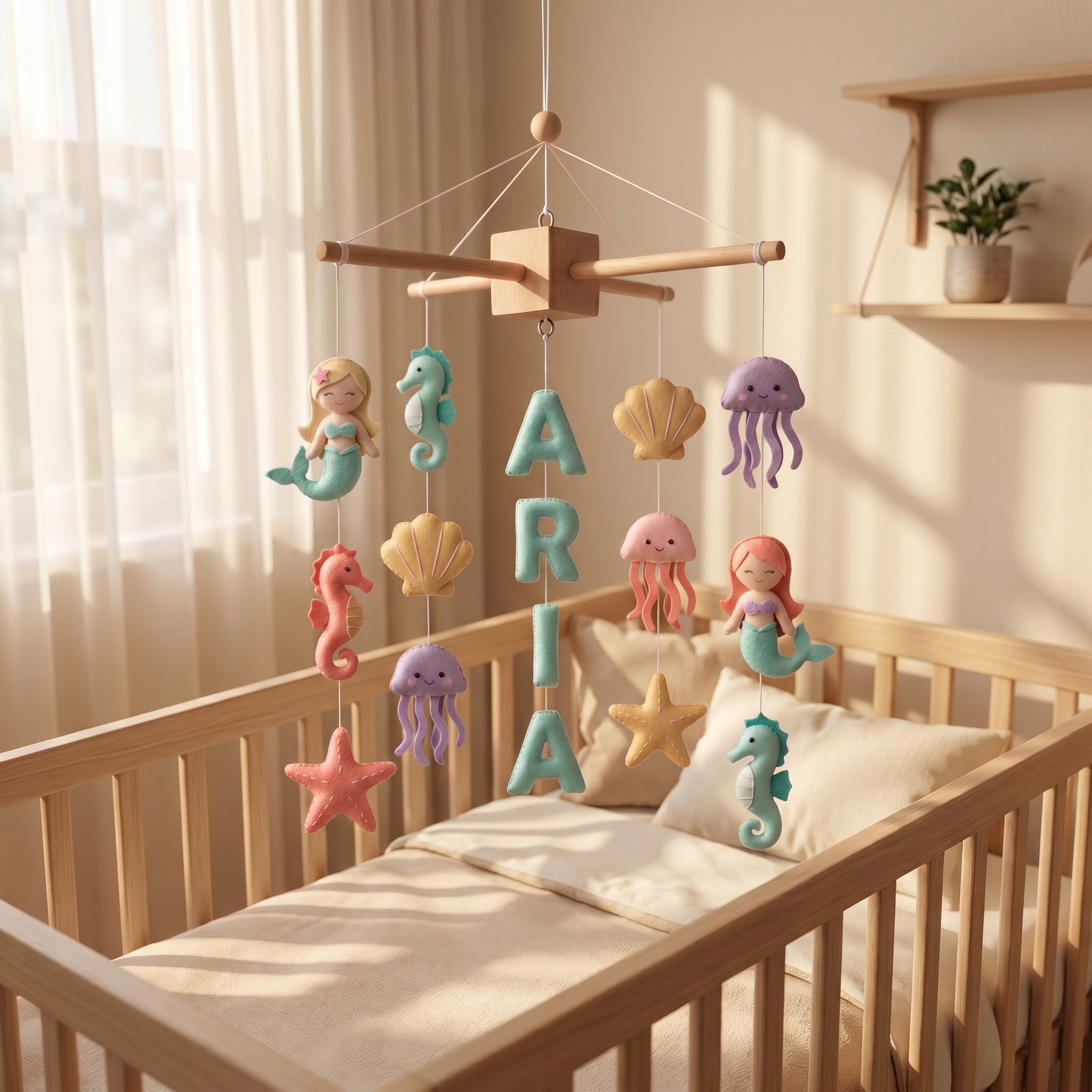 Handmade personalized felt baby mobile with mermaids, seahorses, starfish, and jellyfish, featuring the name 'ARIA' hanging over a wooden baby crib