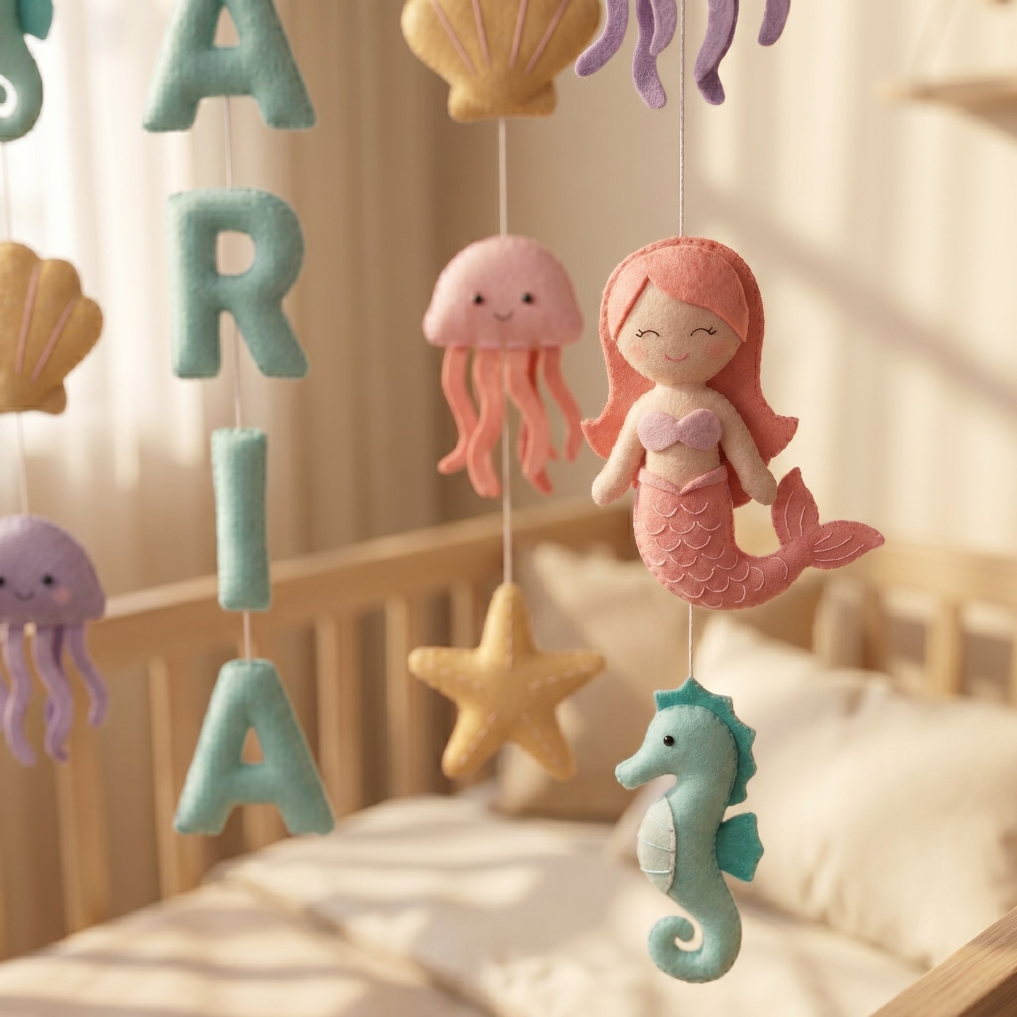 Personalized Felt Baby Mobile, Mermaid Nursery Decor, Ocean Theme Crib Mobile, Baby Shower Gift for Girl