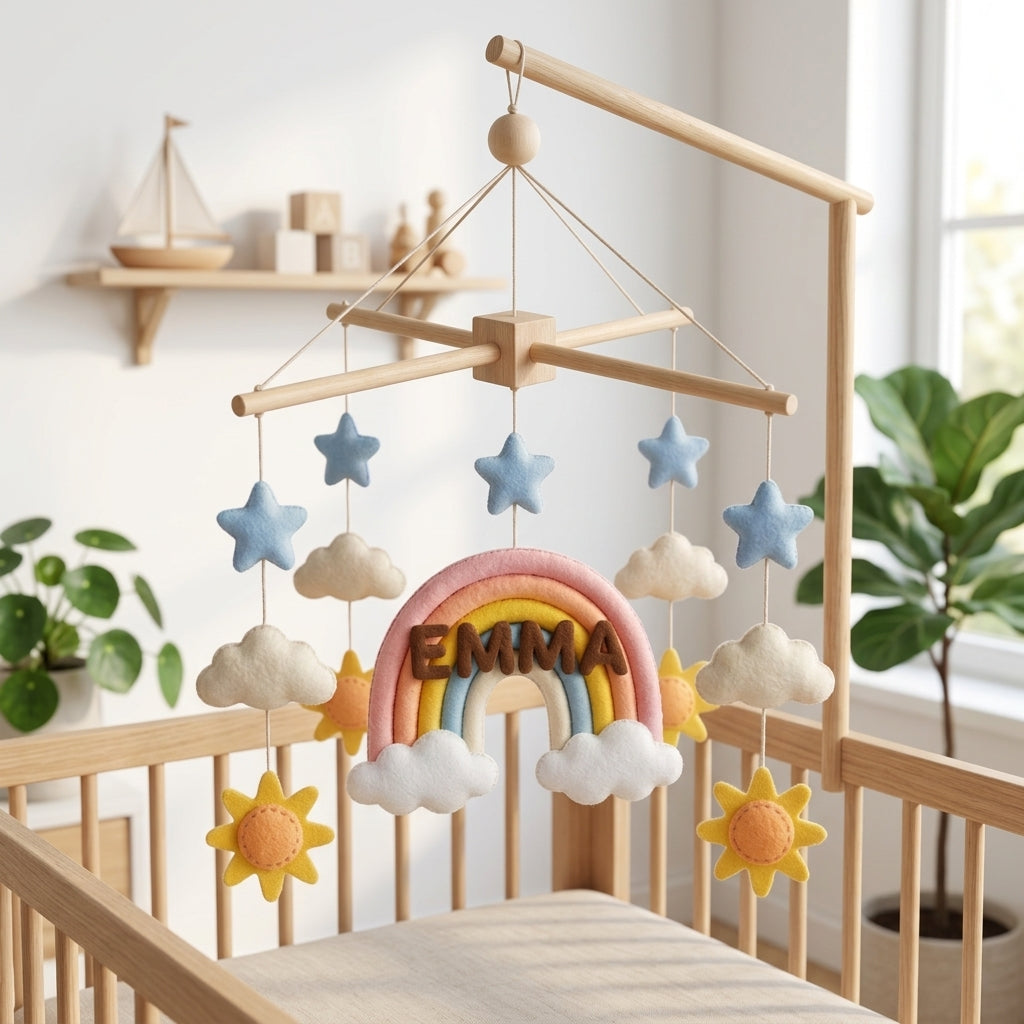 Personalized felt rainbow baby mobile with clouds, stars and suns hanging above a wooden crib in a neutral nursery.