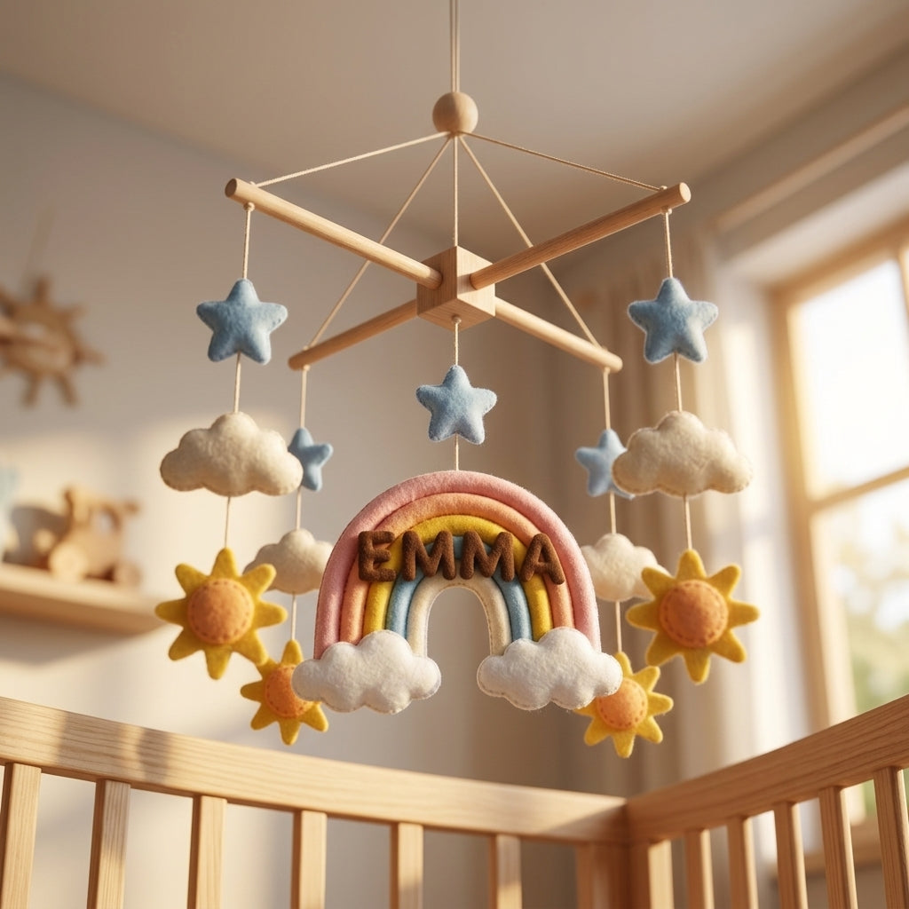 Personalized Felt Baby Mobile, Rainbow Crib Mobile, Custom Name Nursery Decor, Baby Shower Gift