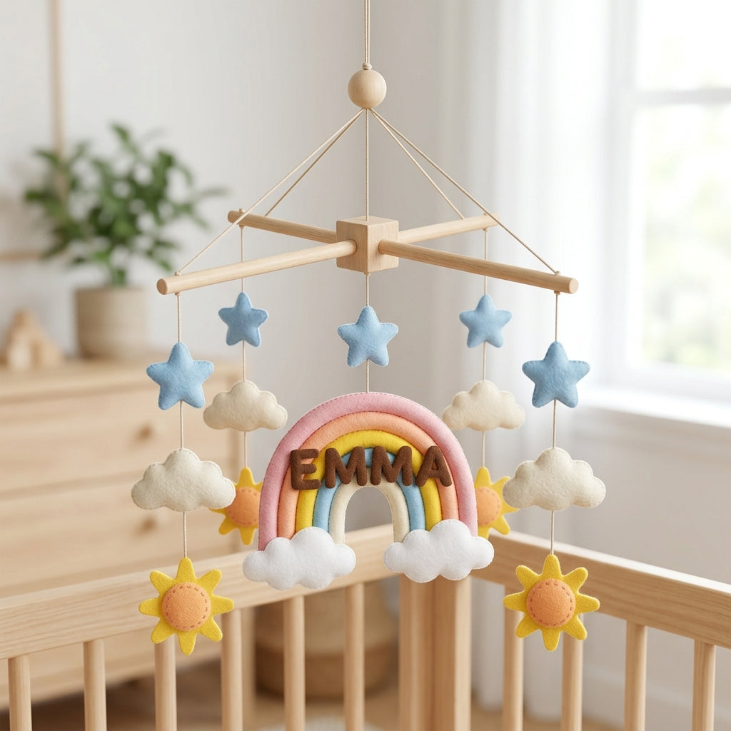 Personalized Felt Baby Mobile, Rainbow Crib Mobile, Custom Name Nursery Decor, Baby Shower Gift