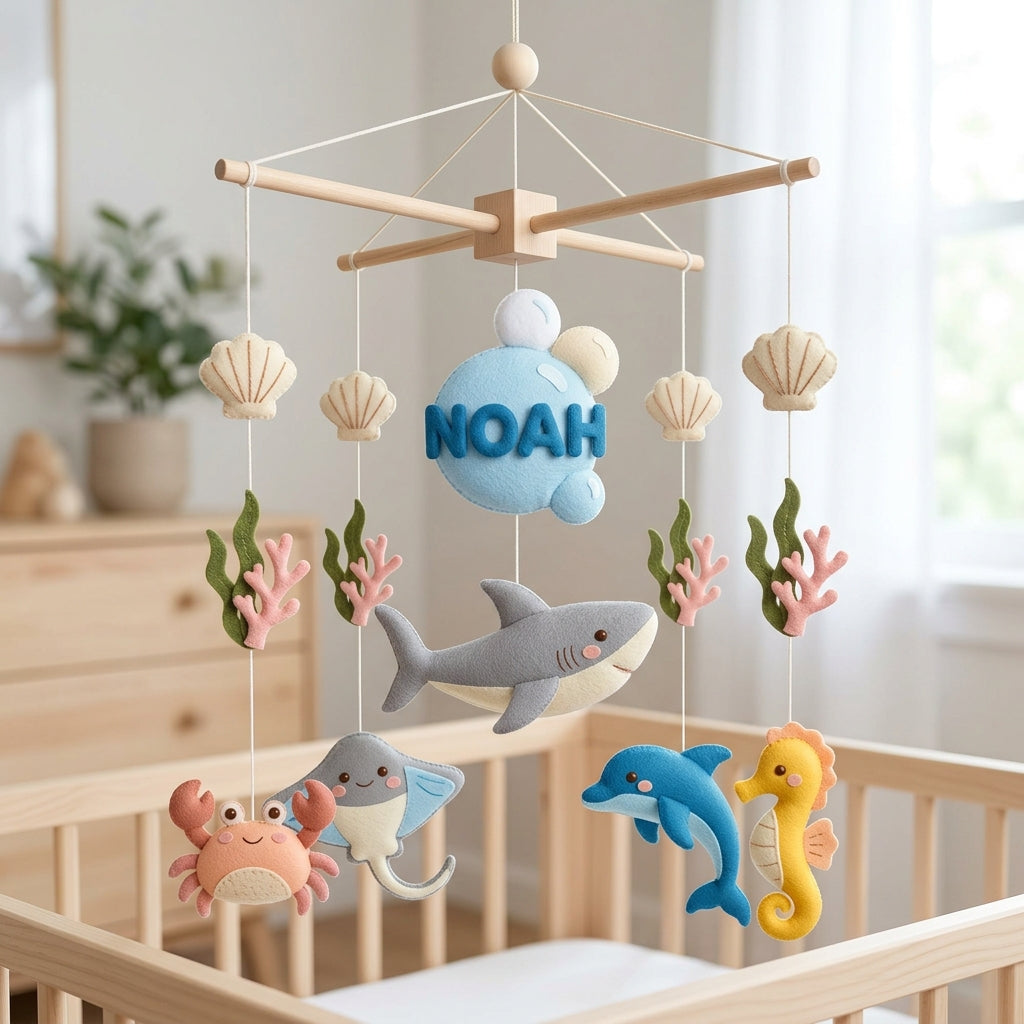 Personalized Felt Baby Mobile, Shark Crib Mobile, Ocean Nursery Decor, Baby Shower Gift
