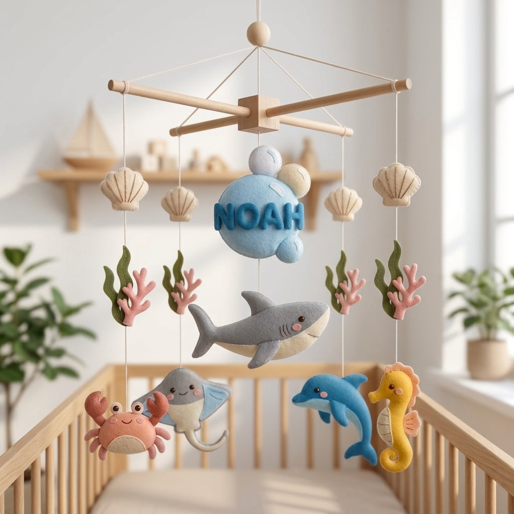 Personalized Felt Baby Mobile, Shark Crib Mobile, Ocean Nursery Decor, Baby Shower Gift