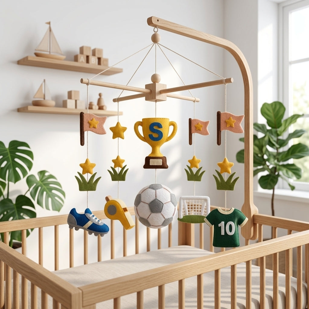 Personalized felt soccer baby mobile with a trophy, soccer ball, jersey, whistle and goal hanging above a wooden crib.