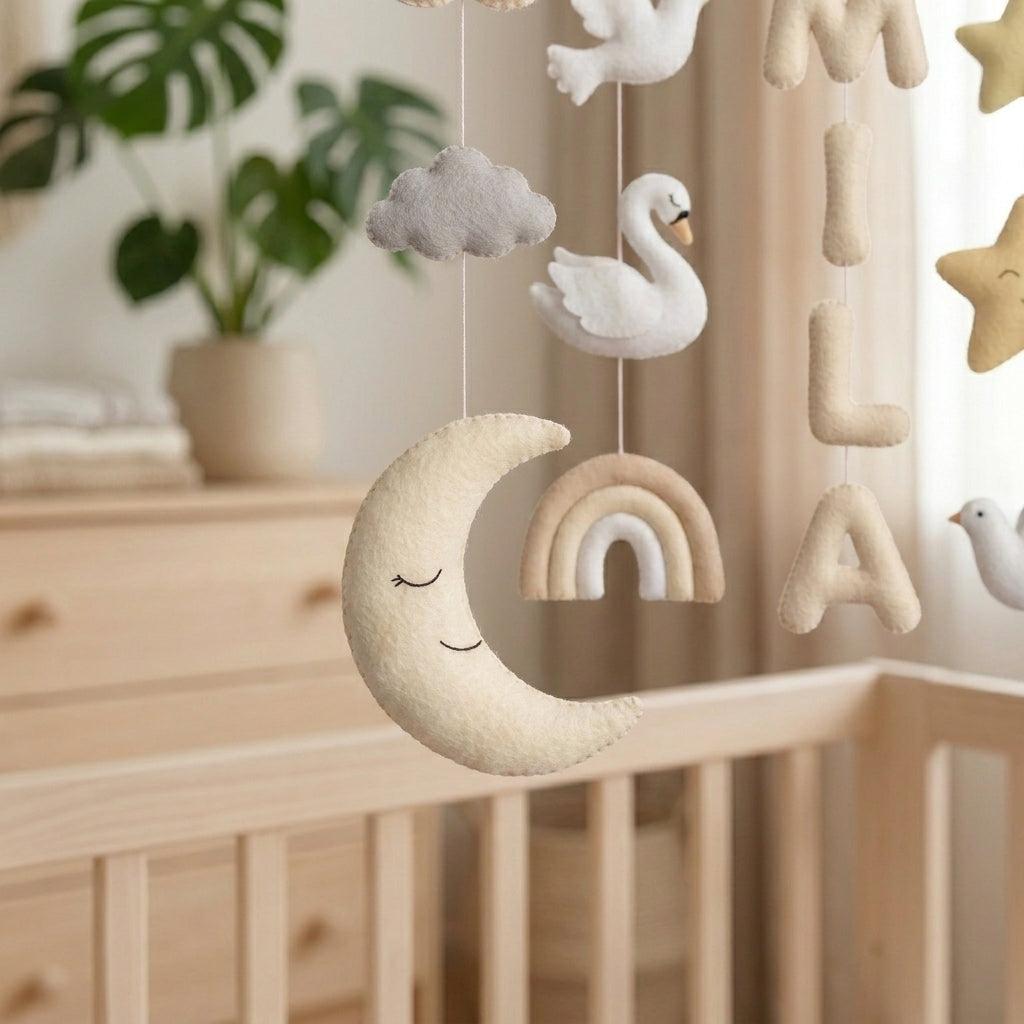 Personalized Felt Baby Mobile, Swan and Rainbow Nursery Decor, Cloud and Moon Crib Mobile, Baby Shower Gift