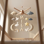 Personalized Felt Baby Mobile, Swan and Rainbow Nursery Decor, Cloud and Moon Crib Mobile, Baby Shower Gift
