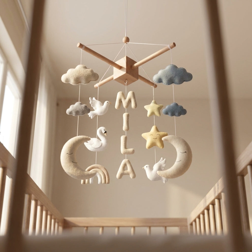 Personalized Felt Baby Mobile, Swan and Rainbow Nursery Decor, Cloud and Moon Crib Mobile, Baby Shower Gift
