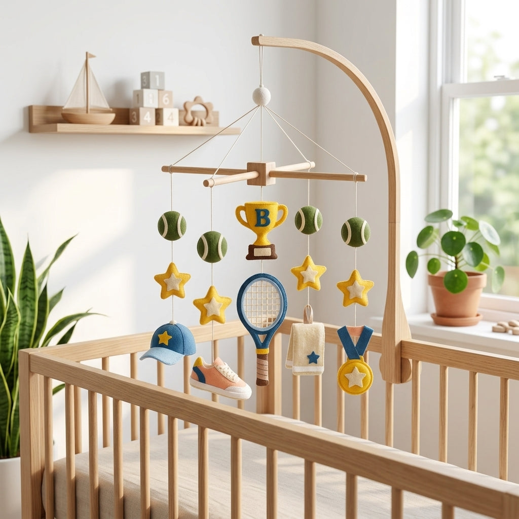 Personalized felt tennis baby mobile with a tennis racket, tennis balls, trophy, medal and cap hanging above a wooden crib.
