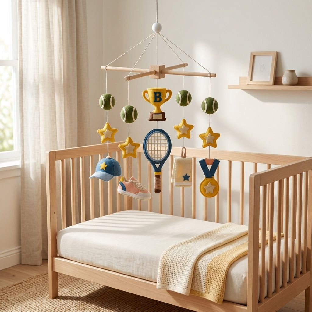 Personalized Felt Baby Mobile, Tennis Crib Mobile, Sports Nursery Decor, Baby Shower Gift