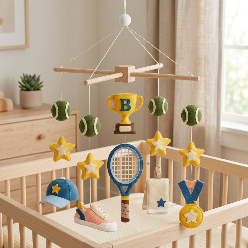 Personalized Felt Baby Mobile, Tennis Crib Mobile, Sports Nursery Decor, Baby Shower Gift