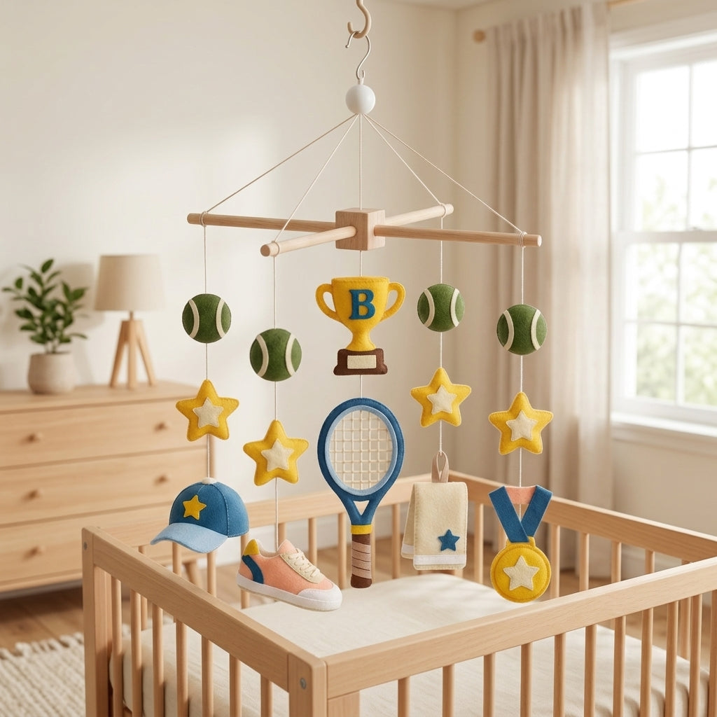 Personalized Felt Baby Mobile, Tennis Crib Mobile, Sports Nursery Decor, Baby Shower Gift