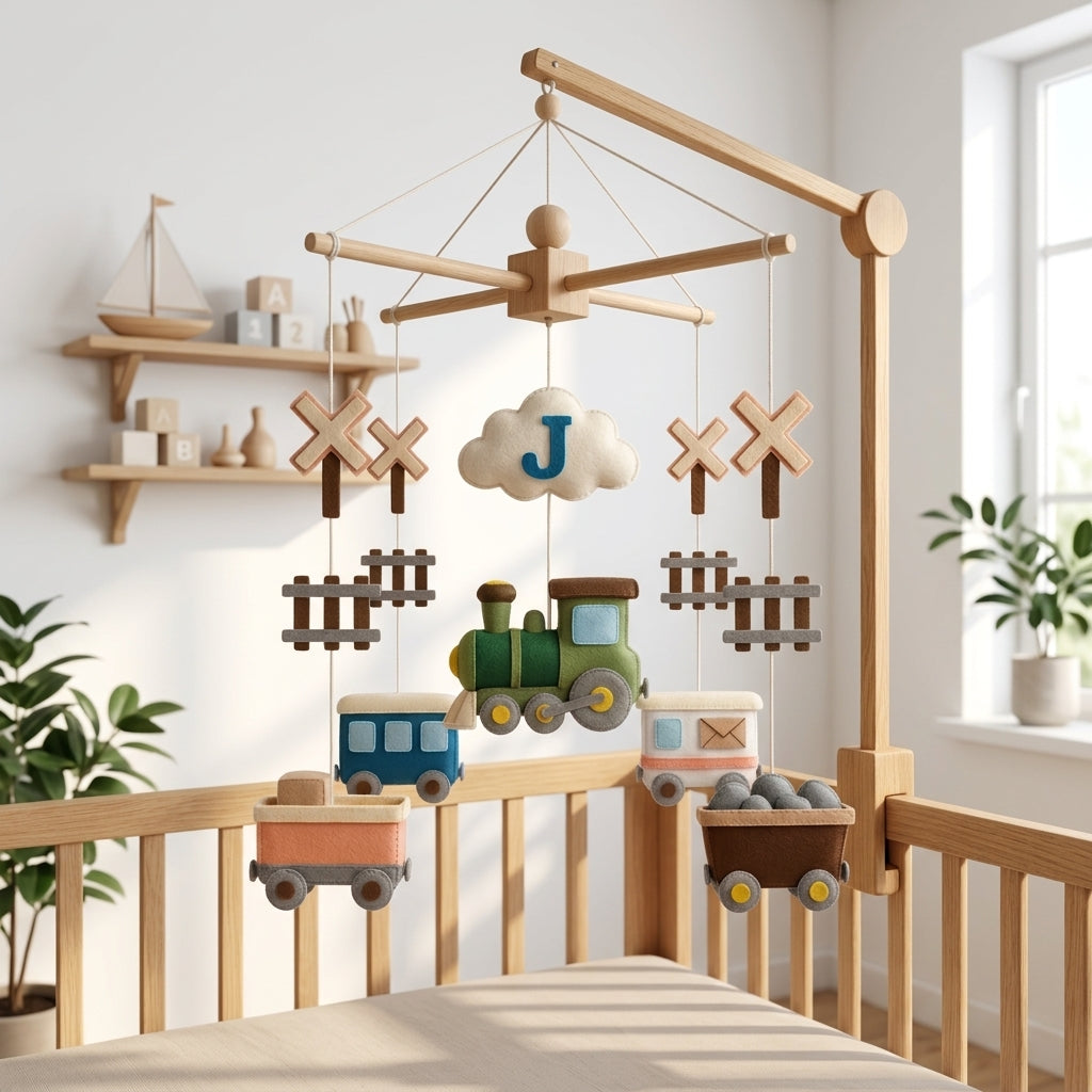 Personalized felt train baby mobile with a locomotive, train cars, railroad crossing signs and coal wagon hanging above a wooden crib.