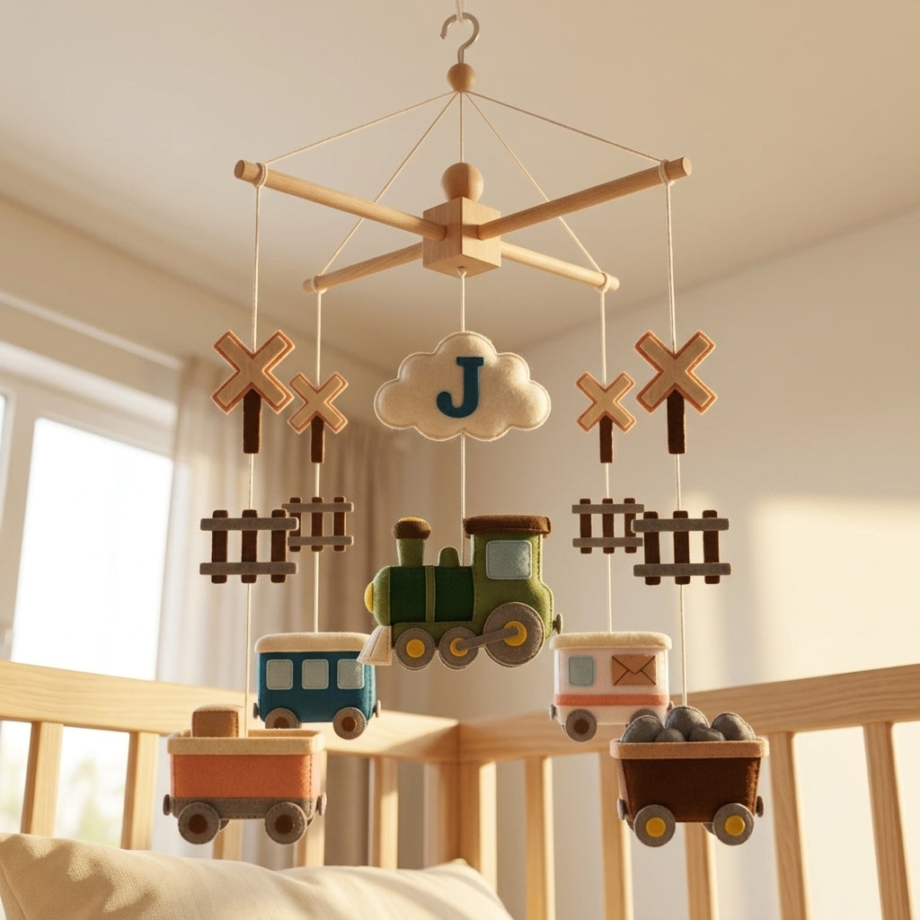 Personalized Felt Baby Mobile, Train Crib Mobile, Railroad Nursery Decor, Baby Shower Gift