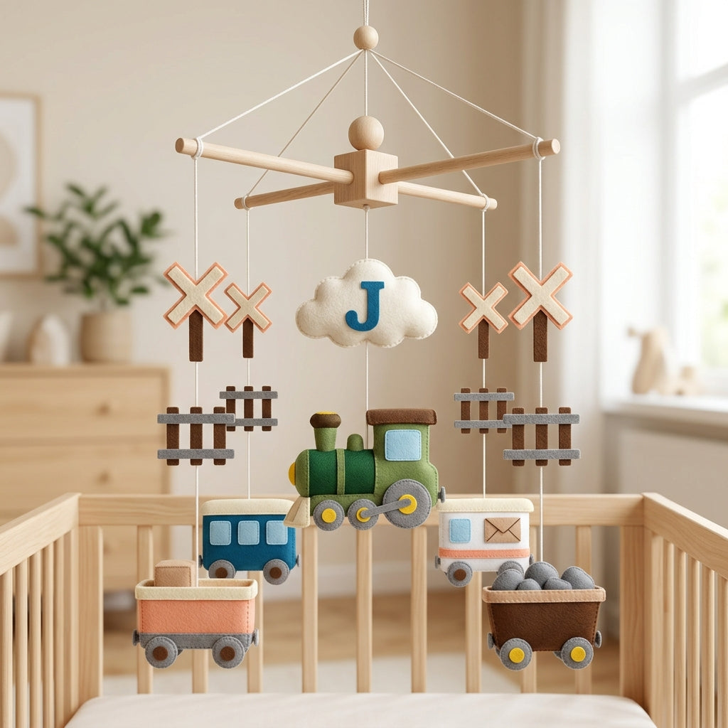 Personalized Felt Baby Mobile, Train Crib Mobile, Railroad Nursery Decor, Baby Shower Gift