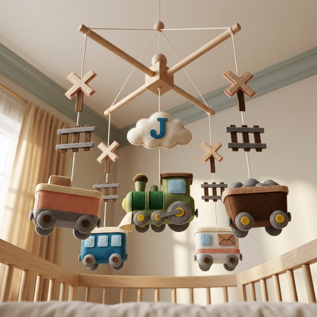 Personalized Felt Baby Mobile, Train Crib Mobile, Railroad Nursery Decor, Baby Shower Gift