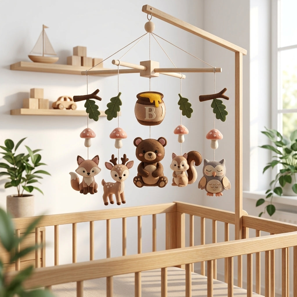 Personalized felt woodland baby mobile with a bear, fox, deer, squirrel, owl and honey pot hanging above a wooden crib.