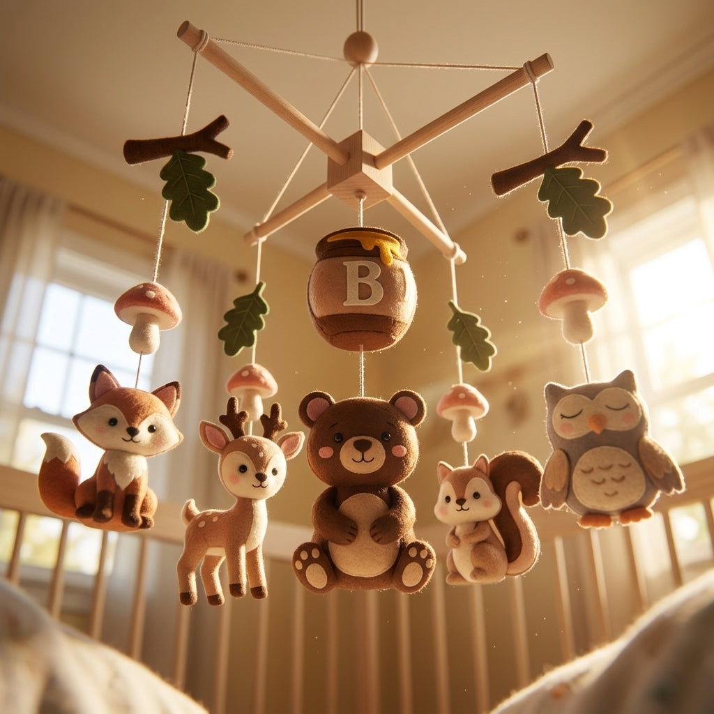 Personalized Felt Baby Mobile, Woodland Bear Crib Mobile, Forest Nursery Decor, Baby Shower Gift