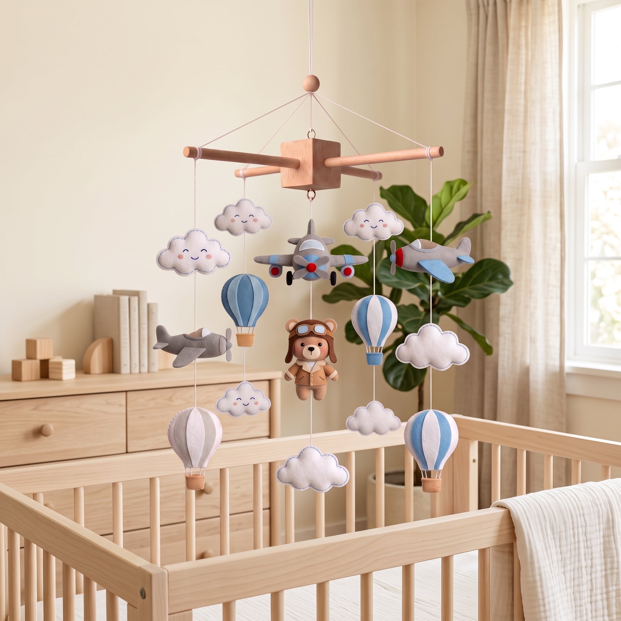 Handmade felt baby mobile featuring an aviator bear, airplanes, hot air balloons, and clouds hanging over a wooden baby crib, adventure-themed nursery decor.