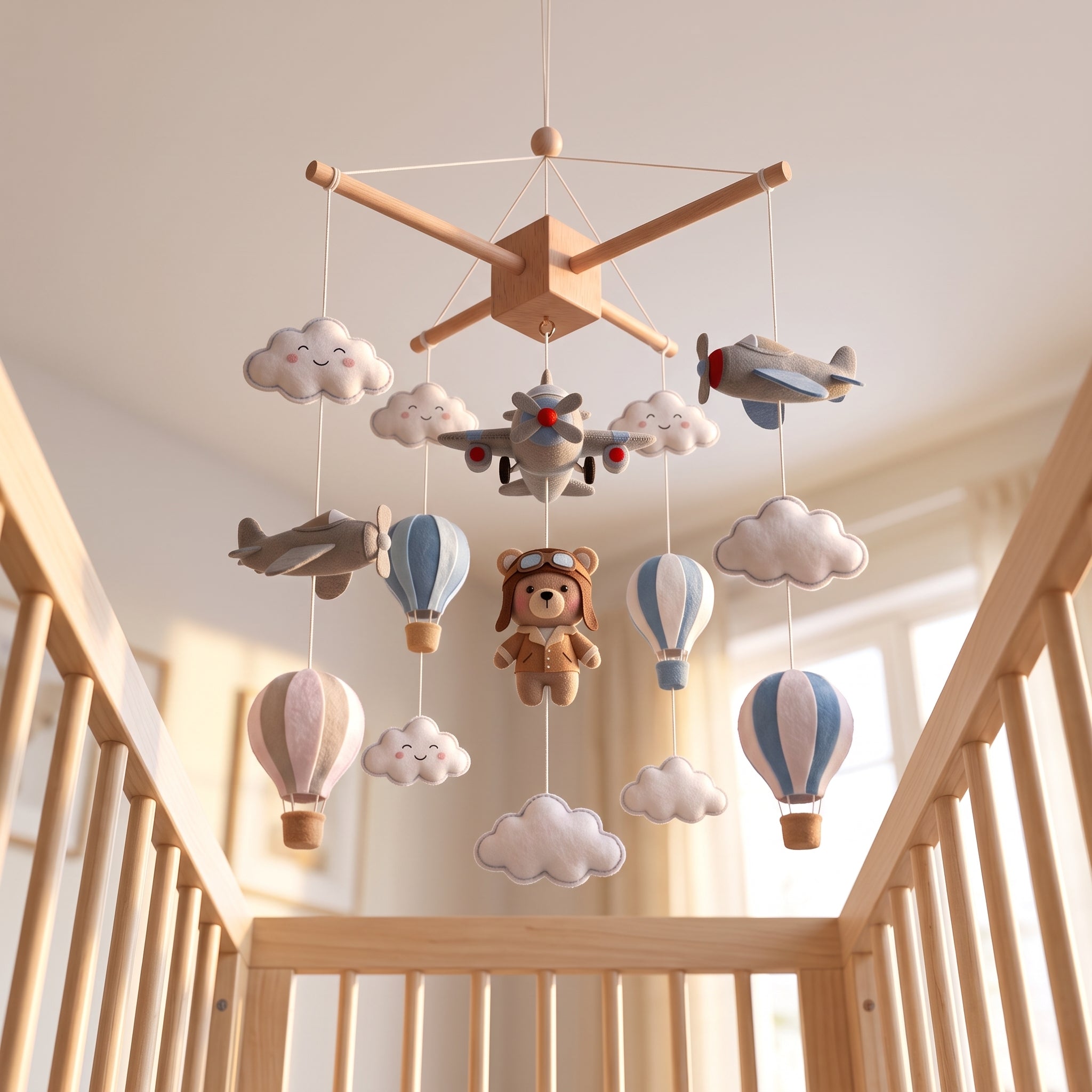 Pilot Nursery Mobile, Felt Crib Mobile, Bear Aviator Baby Decor, Personalized Adventure Theme Gift