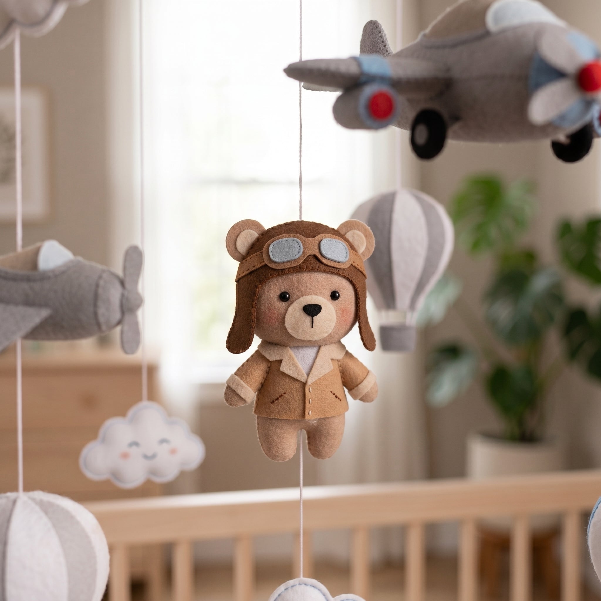 Pilot Nursery Mobile, Felt Crib Mobile, Bear Aviator Baby Decor, Personalized Adventure Theme Gift