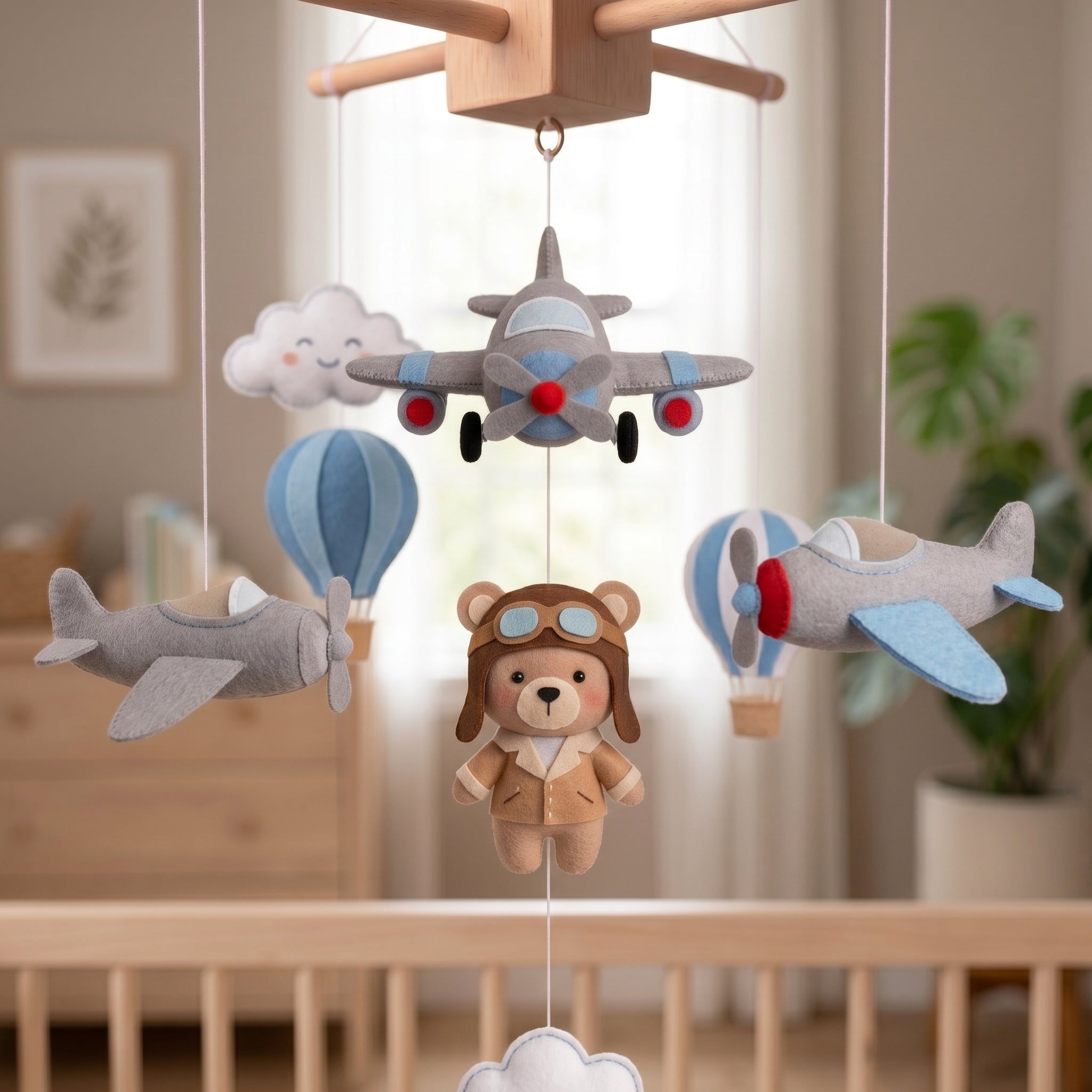 Pilot Nursery Mobile, Felt Crib Mobile, Bear Aviator Baby Decor, Personalized Adventure Theme Gift