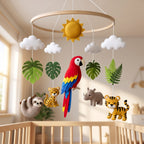 Rainforest Nursery Mobile, Felt Crib Mobile, Parrot and Tiger Baby Decor, Personalized Adventure Theme Gift