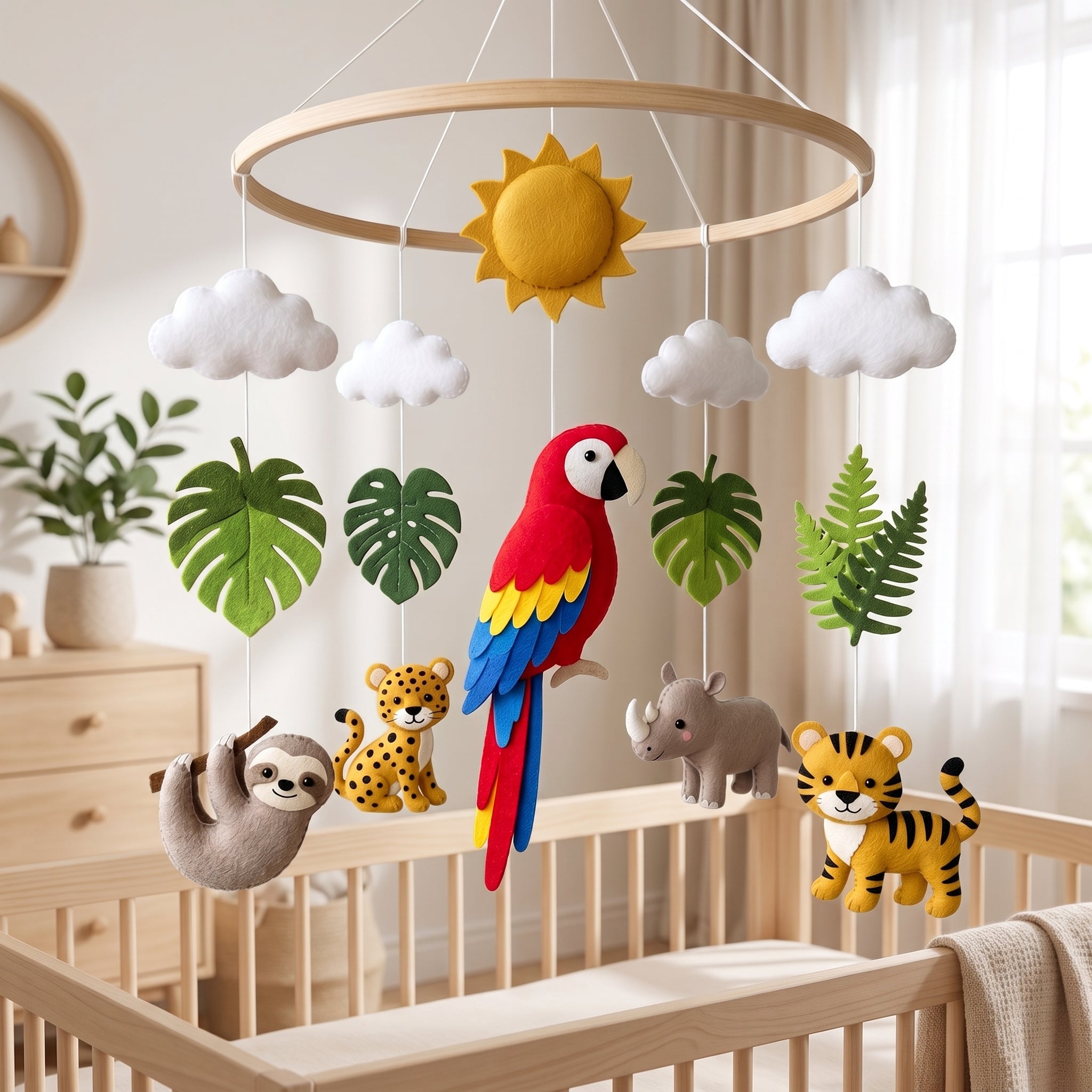 Rainforest Nursery Mobile, Felt Crib Mobile, Parrot and Tiger Baby Decor, Personalized Adventure Theme Gift