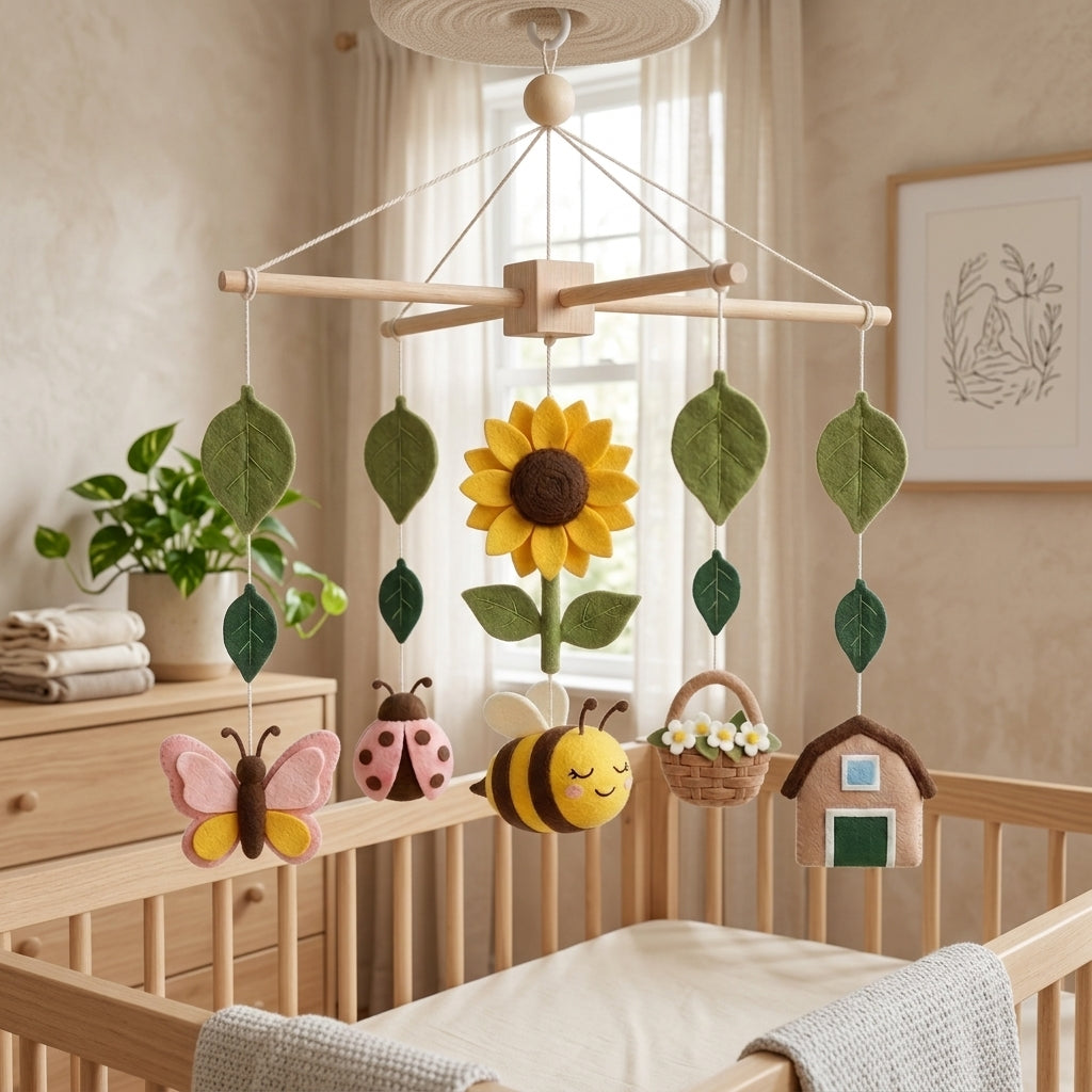 Sunflower Bee Felt Baby Mobile, Garden Crib Mobile, Floral Nursery Decor, Baby Shower Gift for Newborn