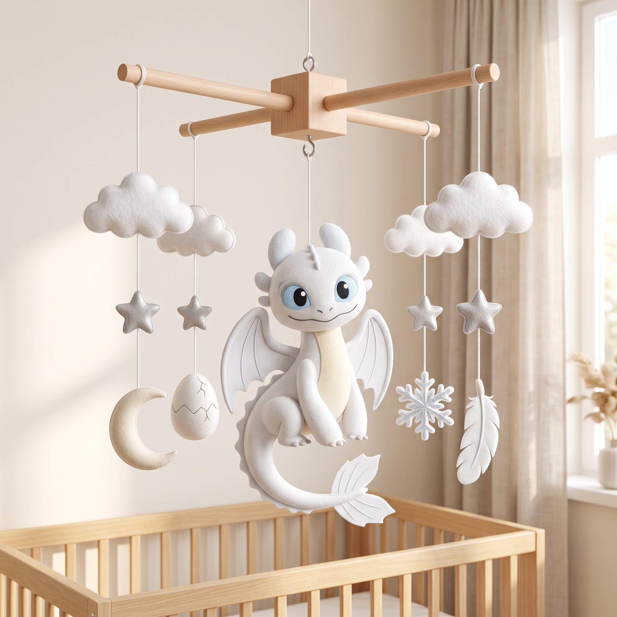 White Dragon Felt Baby Mobile, Fantasy Dragon Nursery Mobile, Dragon Crib Mobile, Handmade Baby Mobile, Neutral Nursery Decor, Baby Shower Gift