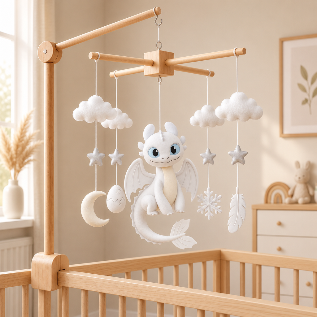 Handmade white dragon felt baby mobile with clouds, stars, moon, snowflake, and feather on a wooden X-frame above a crib.